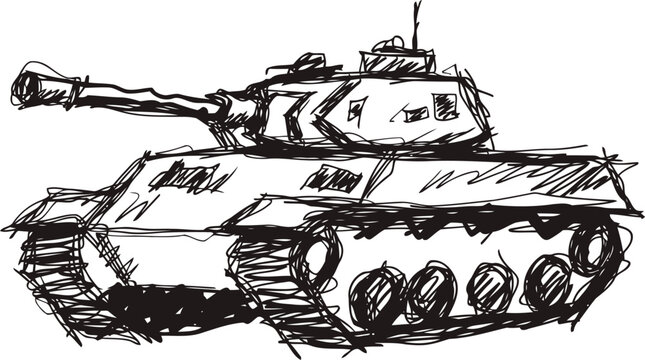 Military tank sketch drawing with detailed turret and continuous track system design