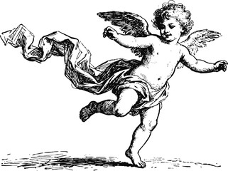 Vintage cherub angel illustration with wings playing and flowing cloth in classic art
