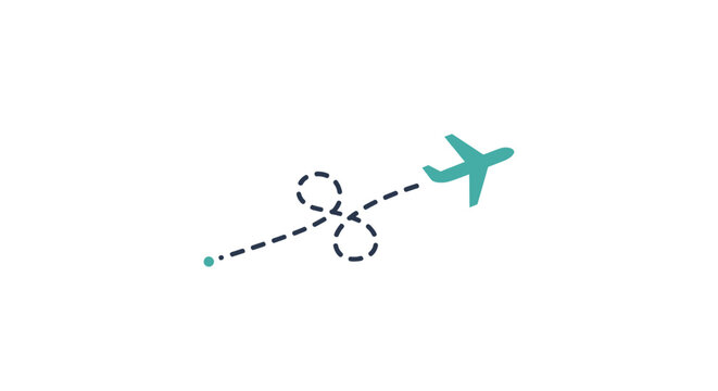 Teal airplane in flight trajectory path.