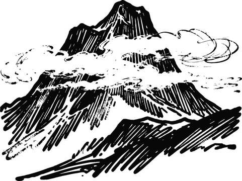 Mountain landscape with clouds hand drawn sketch of rocky peak and misty weather
