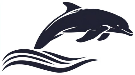 Obraz premium Stylized dolphin leaps from waves in a simple, dark blue illustration on white