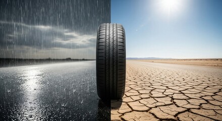 Car tire concept showing extreme weather contrast with rain asphalt road and dry cracked desert climate illustrating durability safety traction environmental conditions