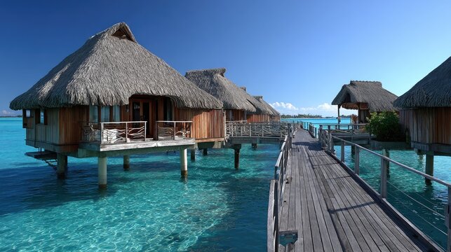 Wooden bungalows with thatched roofs stand over crystal clear turquoise ocean water under a bright blue sky
