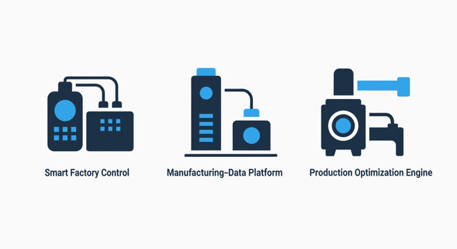 Smart factory and manufacturing optimization icons: industrial control, data platform, and production engine for automation