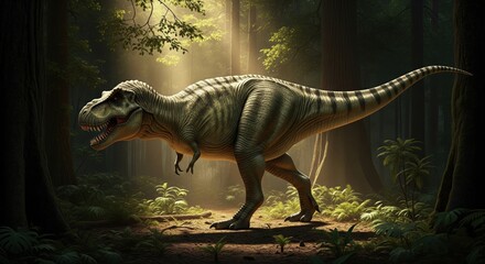 Realistic Tyrannosaurus rex dinosaur standing in prehistoric forest with dramatic sunlight through trees representing ancient wildlife paleontology extinction era natural history and Jurassic environm