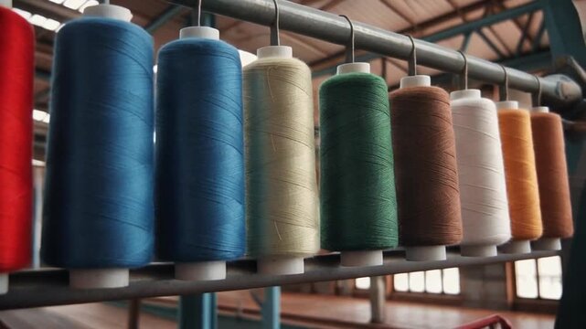 Colorful spools of thread on a rack in a warehouse or factory setting with natural light