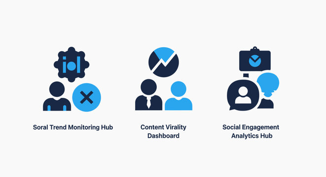 Social media marketing analytics icons featuring trend monitoring hub, content virality dashboard metrics, and audience engagement analysis tools for digital business strategy