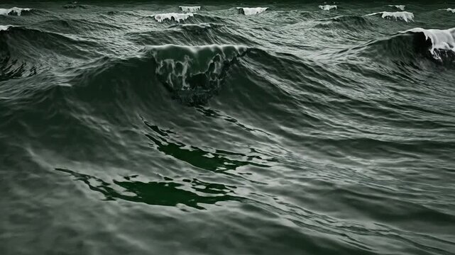 Dark ocean waves crashing, stormy sea surface in background, turmoil in nature