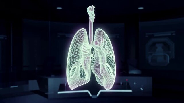 Human lungs with trachea and bronchi glowing in dark medical examination room with futuristic equipment in background for healthcare or medical technology use