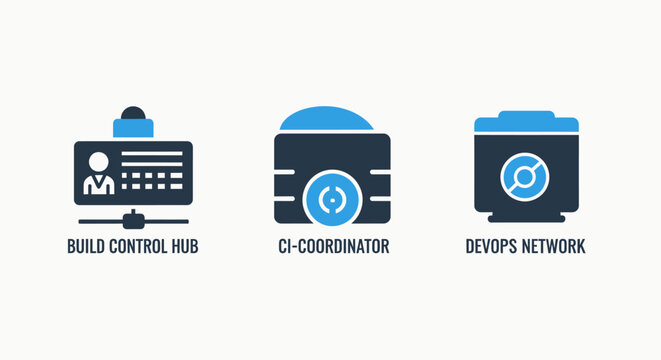 Software development and devops icons for build control hubs and ci coordination networks