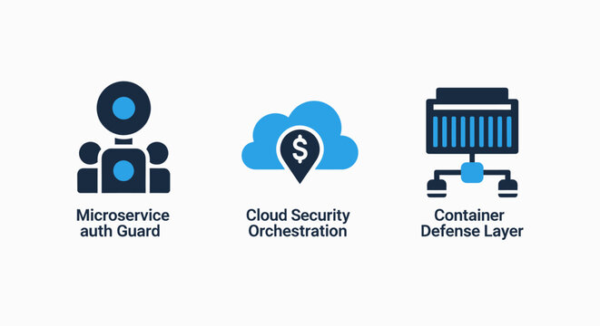 Cloud computing security and container defense layer icons for microservice architecture orchestration