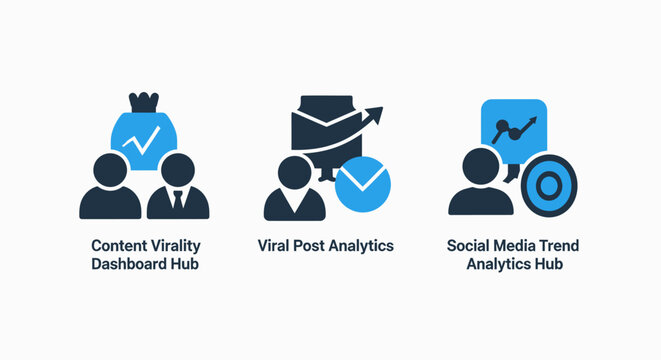 Social media content virality and trend analytics dashboard icon set for digital marketing growth and engagement tracking
