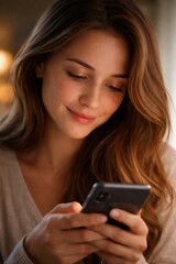 Young woman with a gentle smile engaging with her mobile phone, actively browsing content and connecting online, representing modern communication and digital lifestyle