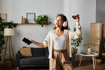 Joyful young woman celebrating with a glass of wine and music in a cozy living room setup