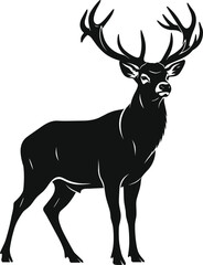 Fototapeta premium Black silhouette of a standing majestic stag deer with large antlers isolated on white background for wildlife and nature conservation.
