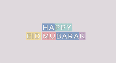 Obraz premium Colorful text graphic reading 'HAPPY EID MUBARAK' on a light gray background with a celebratory feel.