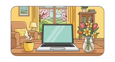 Fototapeta premium Illustration of a laptop on a wooden desk with a steaming coffee mug and a vase of colorful flowers in a cozy living room with a sunny window view.
