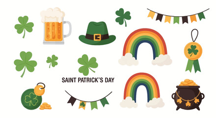 Fototapeta premium A collection of Saint Patrick's Day themed illustrations including shamrocks, a beer mug, a leprechaun hat, rainbows, and a pot of gold.