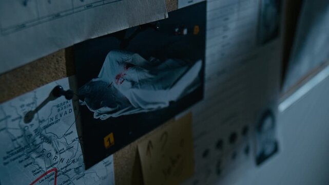 Dramatic close up shot of evidence and clues on pinboard in police station with focus on bloody bodybag, no people, b roll video