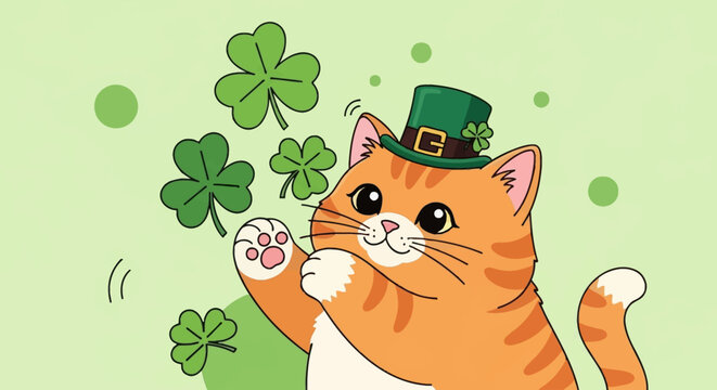 A cute orange tabby cat wearing a green leprechaun hat, surrounded by shamrocks, celebrating St. Patrick's Day.