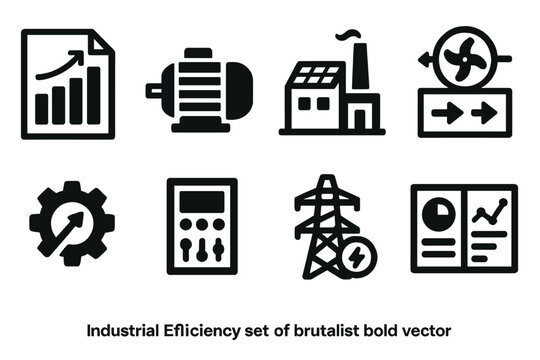 Industrial Efficiency Icons. Industrial Efficiency silhouette set: energy audit chart, efficient motor, factory with solar roof, heat recovery unit, efficiency gear, control panel,