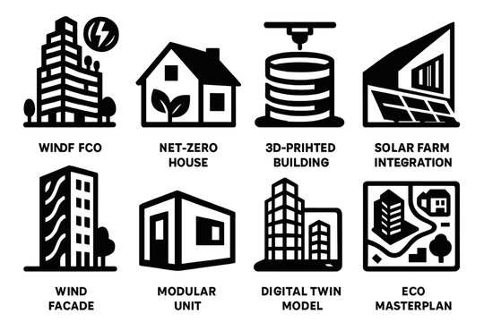 Eco Architecture Icons. Future Eco Architecture silhouette set: smart eco tower, net-zero house, 3D printed building, solar farm integration, wind facade, modular unit, digital