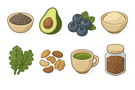 Superfood Icon Collection. Superfood Essentials flat icons chia seeds, avocado, blueberries, quinoa bowl, kale leaves, nuts mix, green tea cup, flaxseed jar