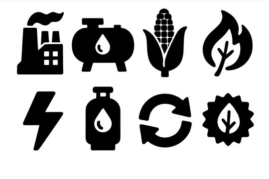 Bold Bioenergy Icons. Renewable Bioenergy Icons silhouette set: biomass plant, biofuel tank, corn stalk, leaf with flame, energy bolt, gas cylinder, recycling arrows, eco badge