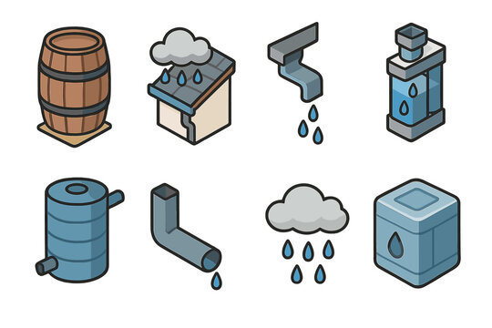Rainwater Harvesting Icons. Rainwater Harvesting flat icons rain barrel, rooftop collector, downspout, filter system, water tank, collection pipe, cloud with rain, storage icon