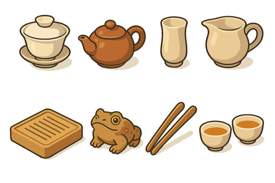 Gongfu Tea Set Icons. Chinese Gongfu Tea flat icons gaiwan, clay teapot, aroma cup, fairness pitcher, tea tray, tea pet, tea tongs, teacup pair