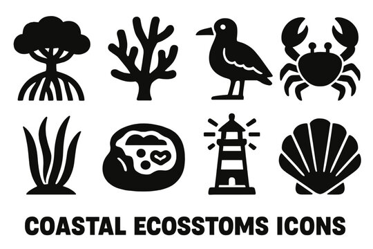 Coastal Icon Set. Coastal Ecosystems silhouette set: mangrove tree, coral branch, seabird, crab, seagrass, tide pool, lighthouse, shell