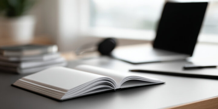 Open notebook on modern workspace desk