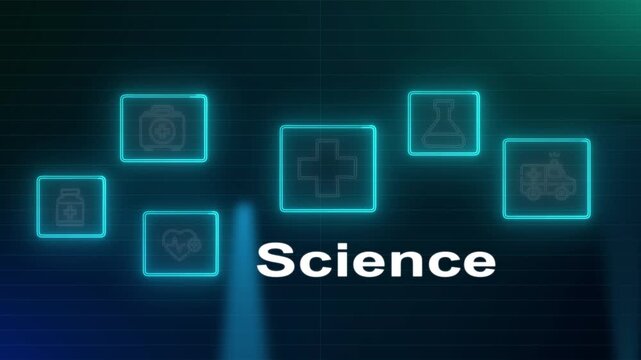 Advanced biotechnological research interface displaying neon glowing science symbols and clinical data icons on deep teal matrix grid background.
