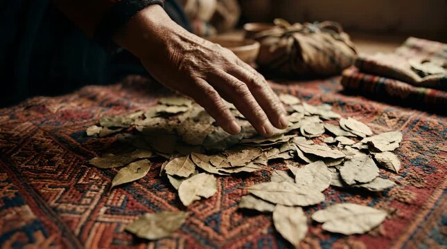 Close Up of Aged Hands Sorting Dry Green Leaves on a Vibrant Traditional Rug