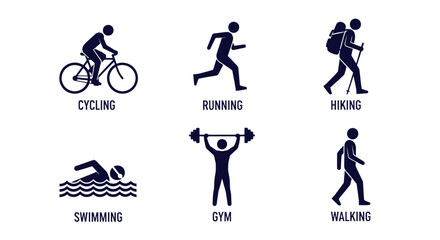 Fitness icons set with cycling, running, hiking, swimming, gym, and walking, minimalist vector symbols