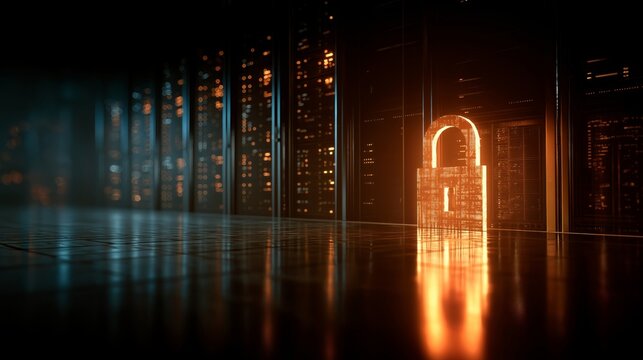 Data security concept with glowing digital lock and secure server environment clean modern look