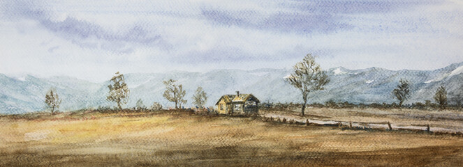 Barn, farm on meadow with trees and snowy mountains under dramatic sky. Hand drawn watercolor art painting background © Space Creator