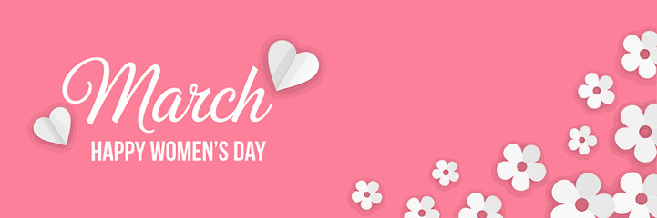 March Happy Womens Day greeting card with white flowers and hearts on pink background