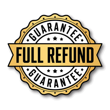 Golden full refund guarantee seal with black text and stars
