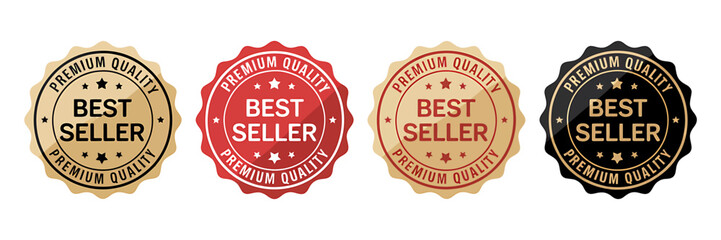 Four best seller premium quality badges in gold red and black colors for products  isolated on transparent background