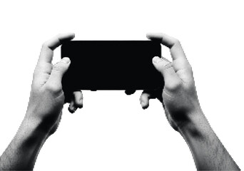 Hands holding a monochrome gaming controller in halftone grid background © MDMONTU