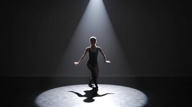 A dancer wearing a black outfit performs on a stage with a spotlight shining down on her from above, casting a dramatic shadow behind her