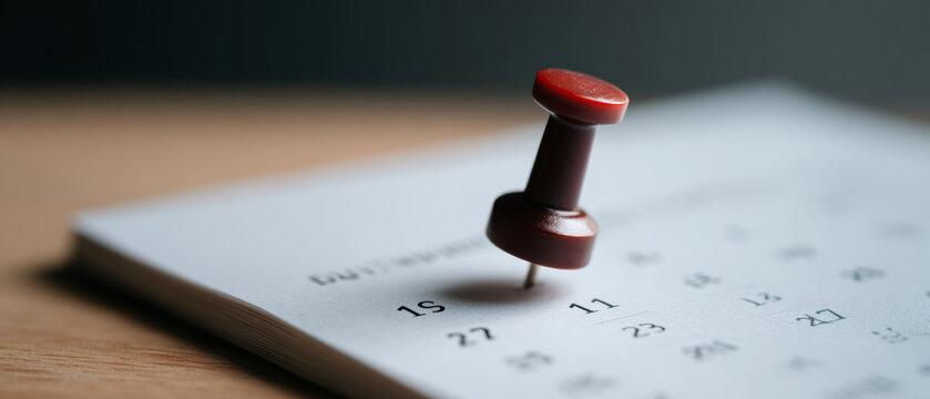 Red pushpin marking date on calendar