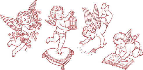 Naklejka premium Charming cherubic angels engage in playful activities evoking innocence and vintage romance