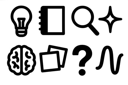Brutalist Idea Icons. Idea Exploration silhouette set: light bulb, notebook, magnifying glass, spark icon, brain outline, sticky notes, question mark, inspiration wave