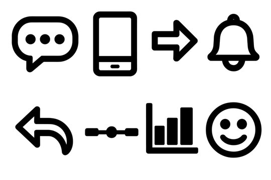 Bold Brutalist Icons. Real-Time Comments silhouette set: typing dots, smartphone, send arrow, notification bell, reply icon, timeline, data chart, emoji face