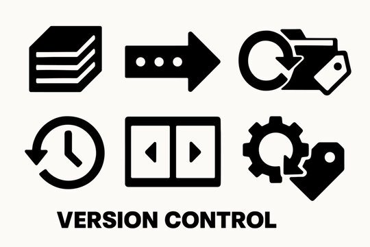 Brutalist Version Control Icons. Version Control silhouette set: stacked documents, timeline arrow, refresh symbol, folder tag, history clock, compare screen, update gear, label