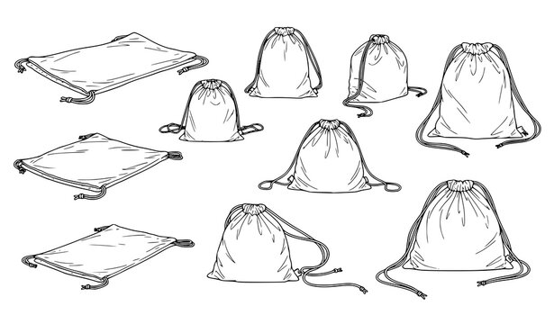 Set of drawstring fabric bags in outline style, reusable storage pouches and cloth sacks illustration in minimal hand drawn vector design