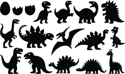Dinosaur silhouettes collection, cute prehistoric animals including tyrannosaurus stegosaurus triceratops pterodactyl and eggs isolated, cartoon flat vector illustration set © Itz Julfikar Here