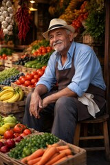 Fototapeta premium Senior greengrocer in apron and hat smiles as he arranges colorful, ripe fruits and vegetables at his bustling market stall, embodying traditional local produce retailing and harvest pride
